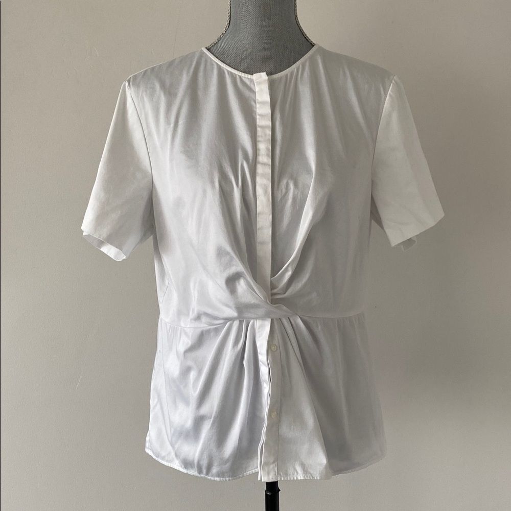 Boss Hugo Boss White Short Sleeve Blouse sz 12 Draped Front Slip On Side Zip